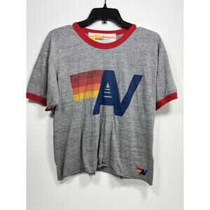 Aviator Nation Shirt Large Gray Rainbow Logo Graphic Crew Tee Crop Roll USA